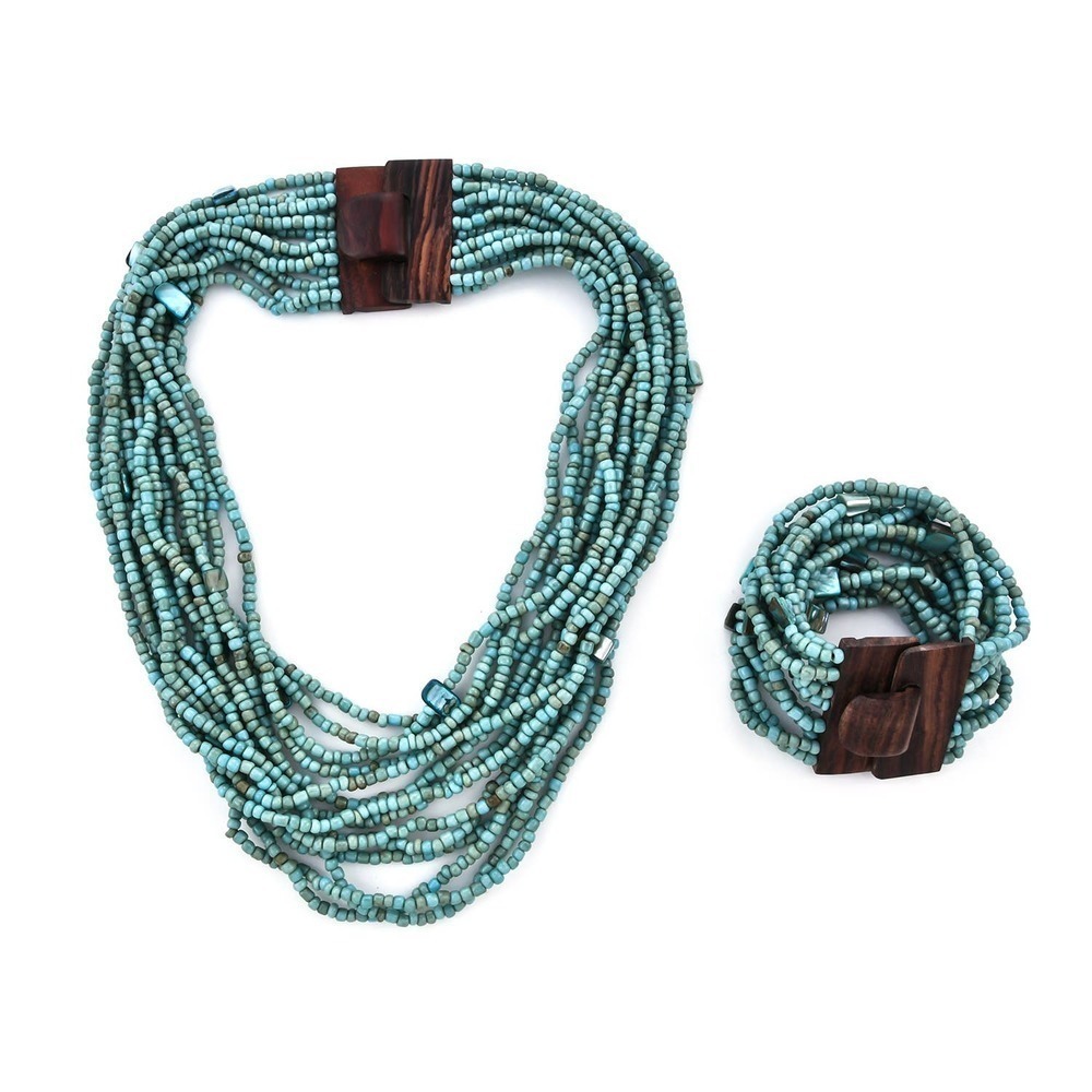 Jeweled Turquoise Seed Bead Necklace Bracelet Wooden Bead Necklace Multi Strand